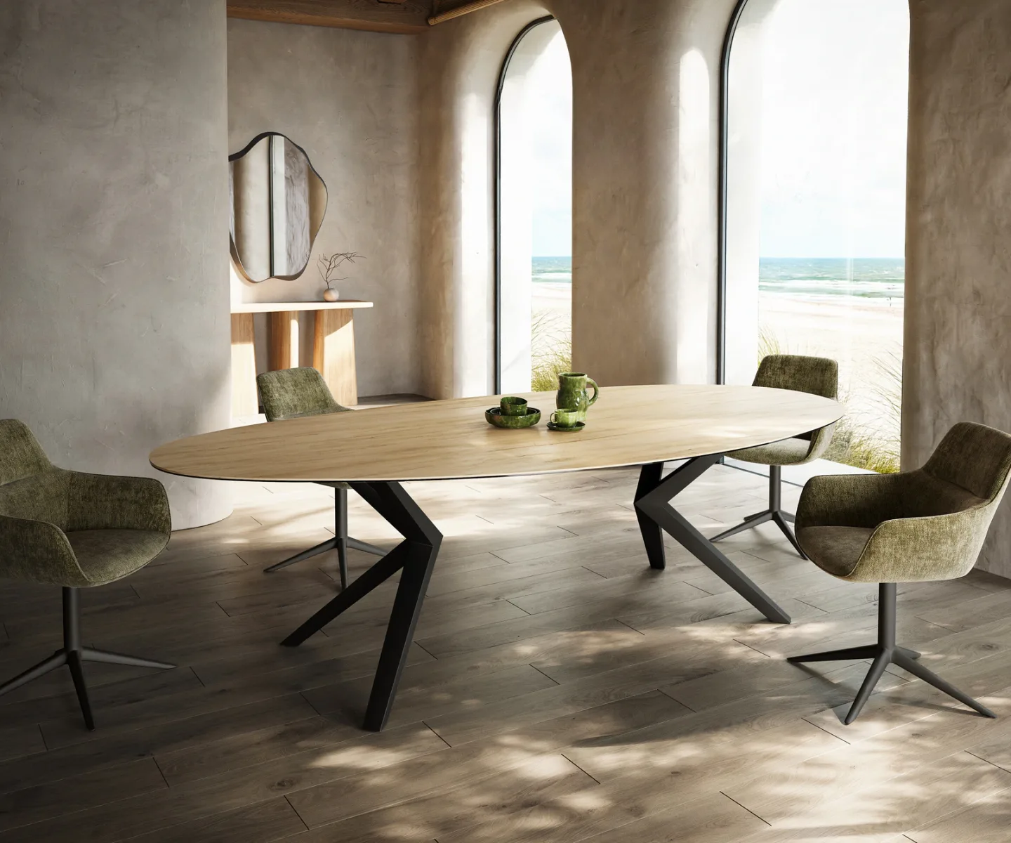 Esstisch Edge Oval 280x130 Keramik Laminam® Sabbia Eichefarbig Zenthara kantig Metall Schwarz