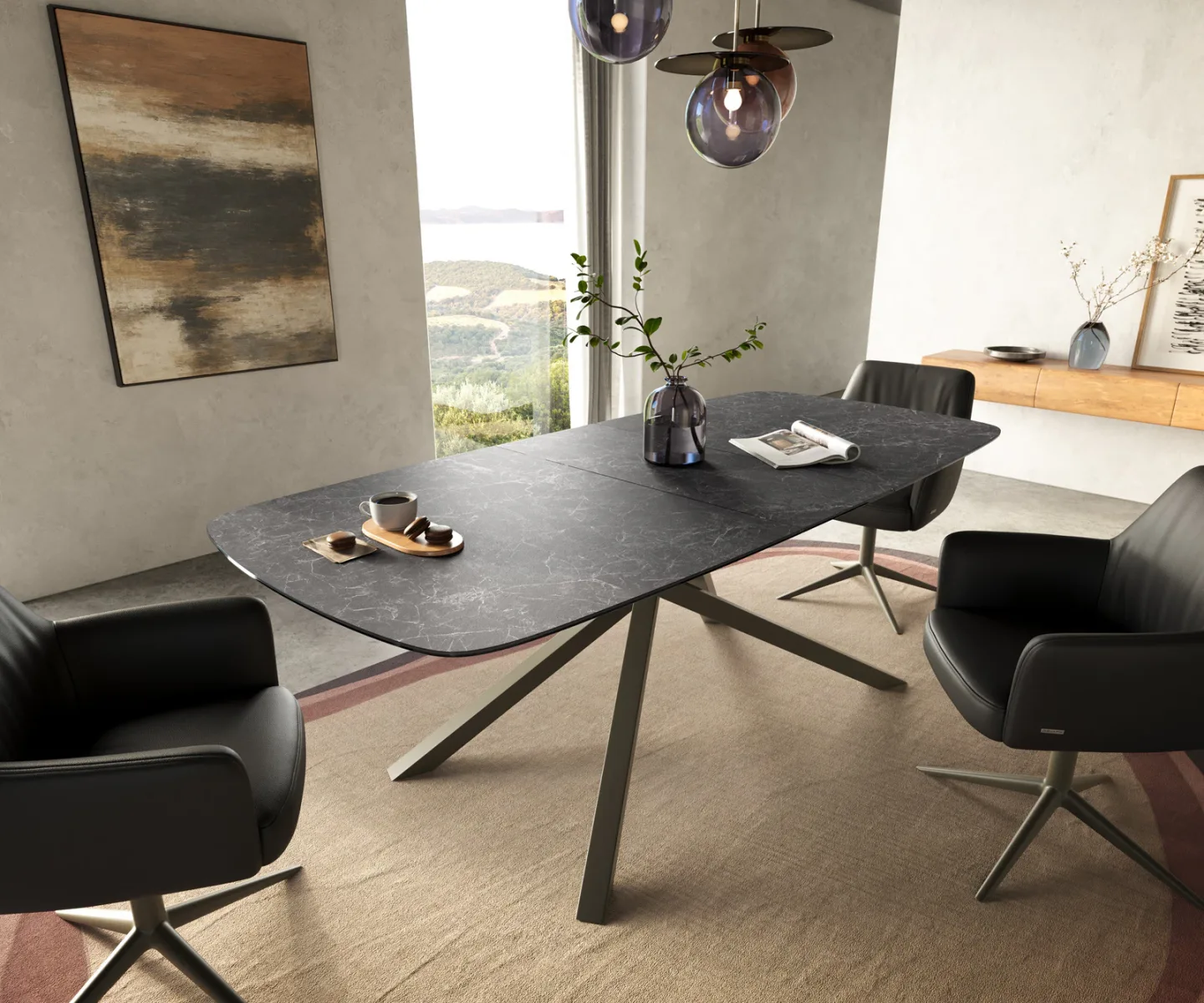 Esstisch Edge Boot 180-220x100 cm Keramik Laminam® Nero Greco Anthrazit Kreuzgestell Rechteck Effektfinish Titan ausziehbar