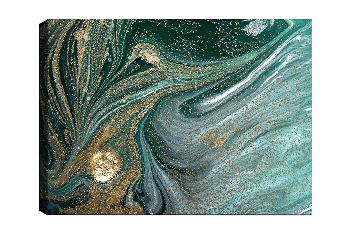 Canvastavla 70x100 cm - Abstrakt konstverk med svarta och guldiga mönster som skapar en känsla av rörelse och djup - Mörkgrön / Guld / Ljusblå