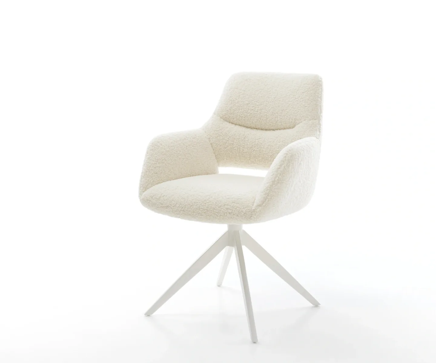 Drehstuhl Yago-Flex mit Armlehnen Teddystoff Beige Kreuzgestell breit Weiß 360° drehbar Wippfunktion Taschenfederkern