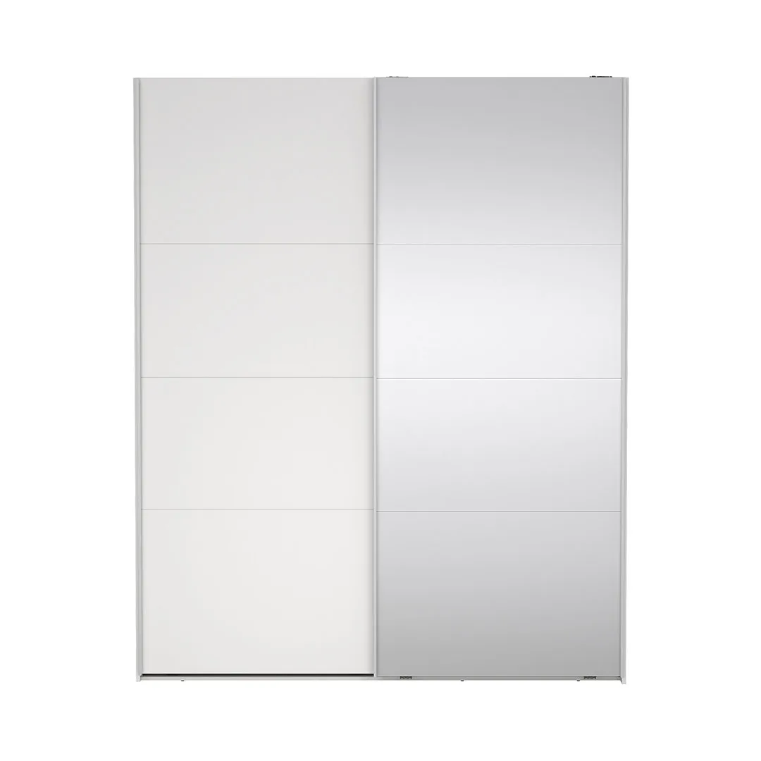 Catania Kleiderschrank 221x179x65cm, 1 Schiebetür, 1 Schiebetür mit Spiegel weiß.