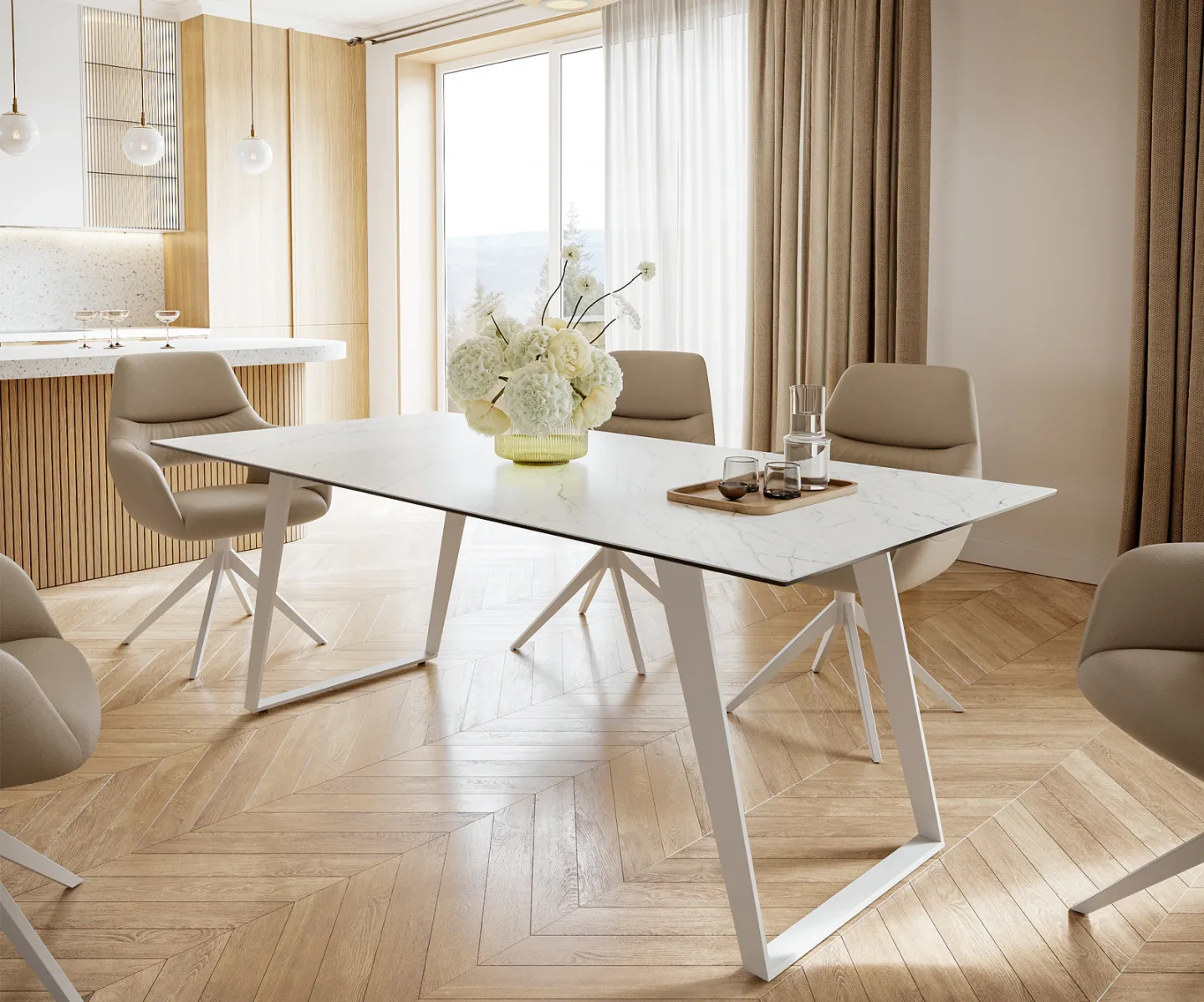 Esstisch Edge 200x100 cm Keramik Laminam® Statuarietto Weiß Metall Schräg Weiß