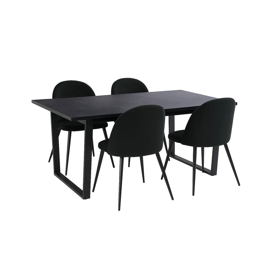 Tilst Essgruppe Tisch schwarz Marmor Print 90x160 4 Stühlen Velour schwarz.
