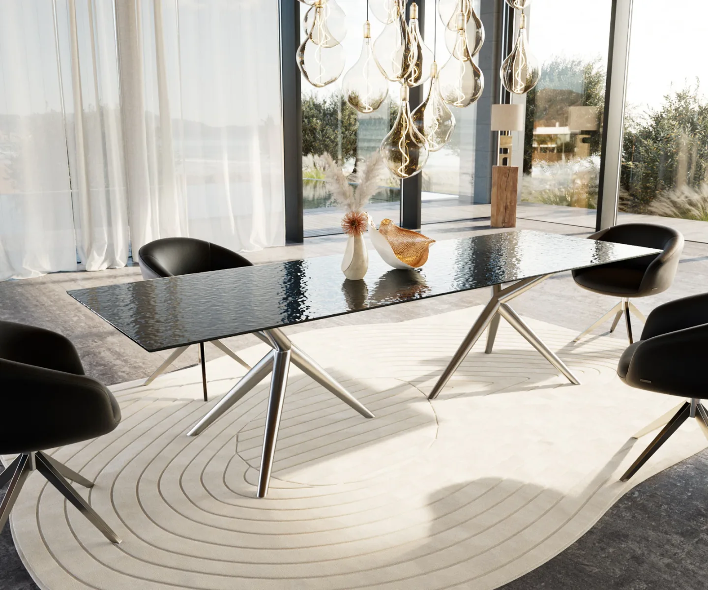 Esstisch Edge 300x100 Reliefglas Rauchschwarz 3D-Design Estelar rund Edelstahl