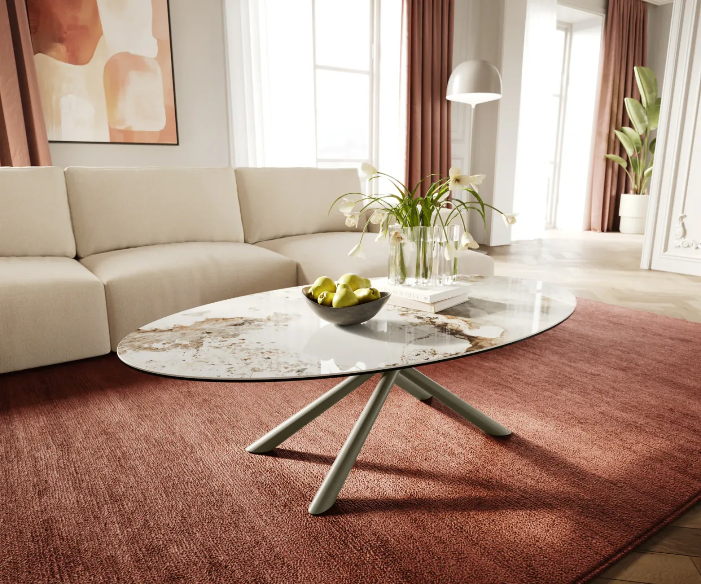 Couchtisch Edge Oval 140x80 cm Keramik Minas Melange Sarity Metall Effektfinish Titan