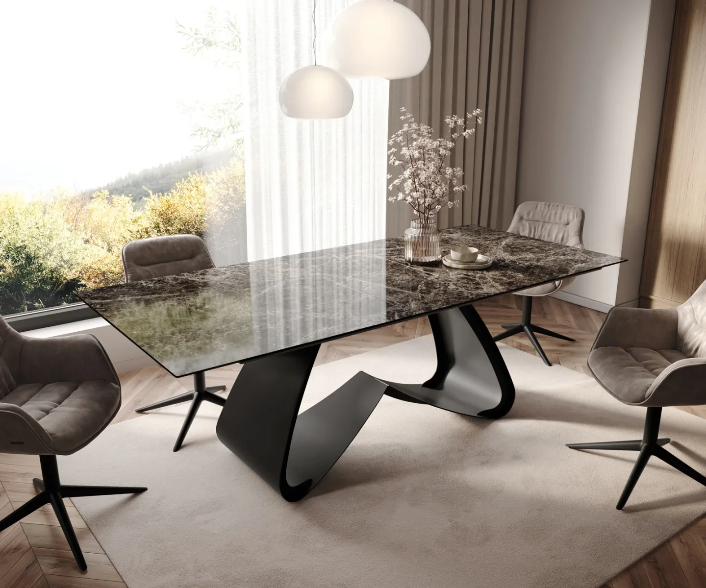 Esstisch Edge 180-220x100 Keramik Emperador Extra Lucidato Dunkelbraun W-Gestell Schwarz ausziehbar