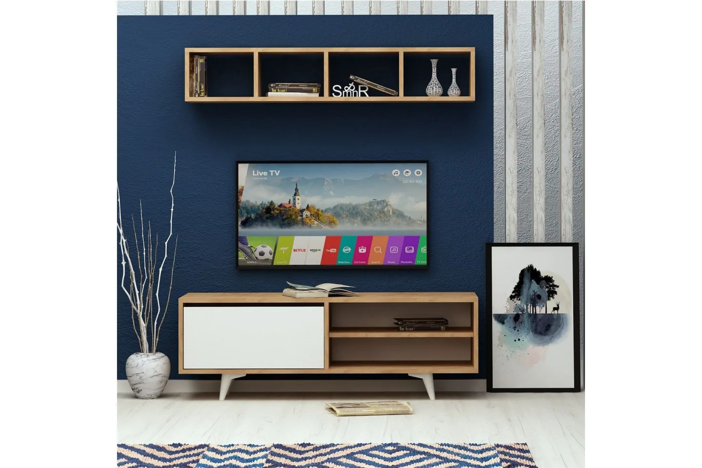 Mod Design Tv-bänk med Vägghylla - Trä/Vit