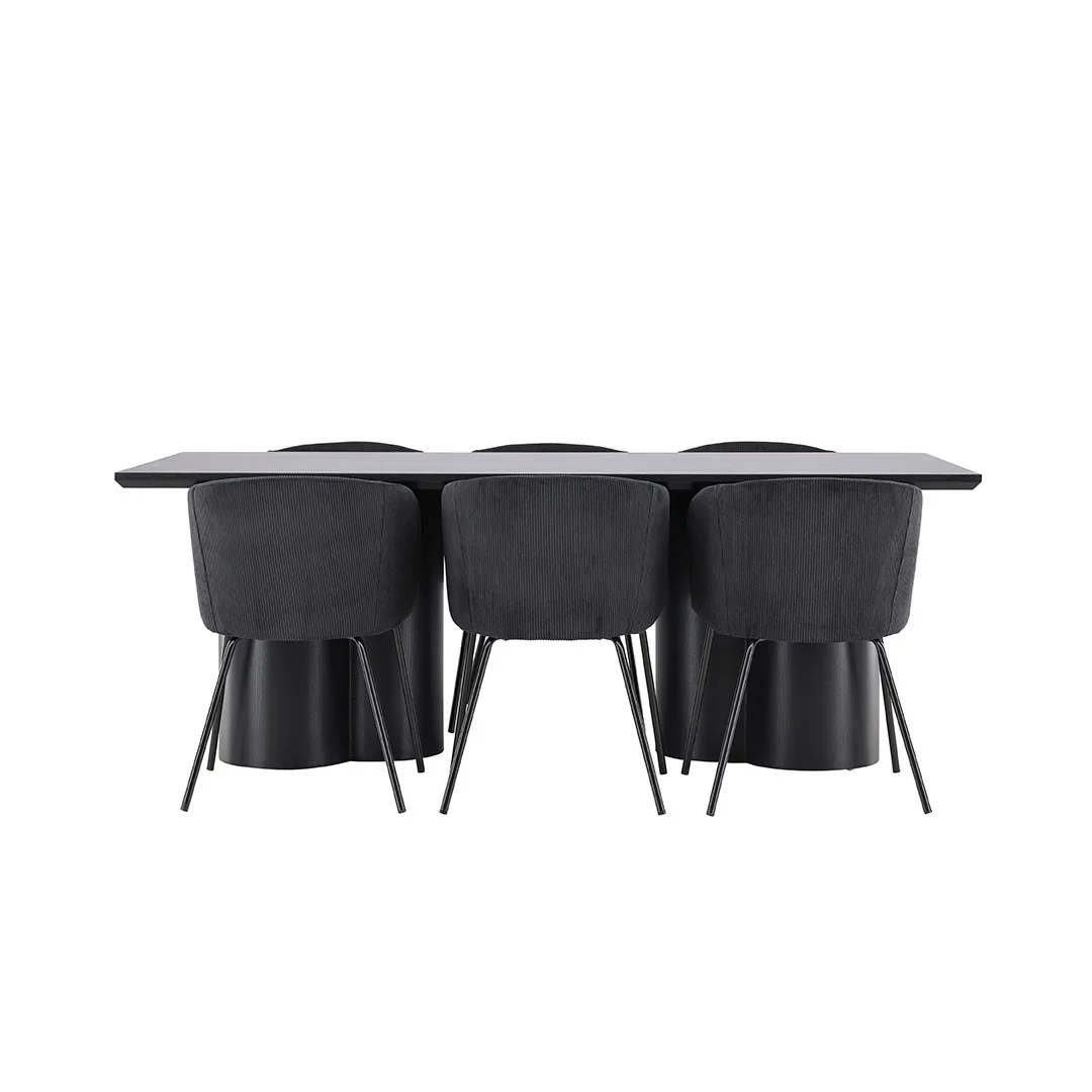 Olivia Essgruppe Tisch 100x210cm und 6 Velours Stühle mit Armlehnen schwarz.