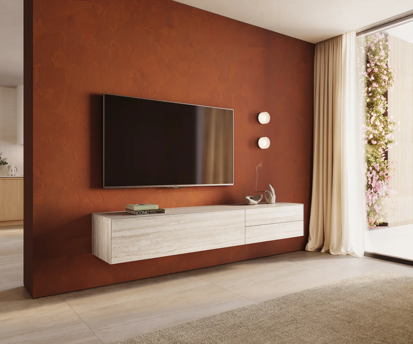 Lowboard Cuor 220 cm Keramik Laminam® Travertino Bianco Creme-Weiß 1 Klappe 2 Schubfächer Schwebend