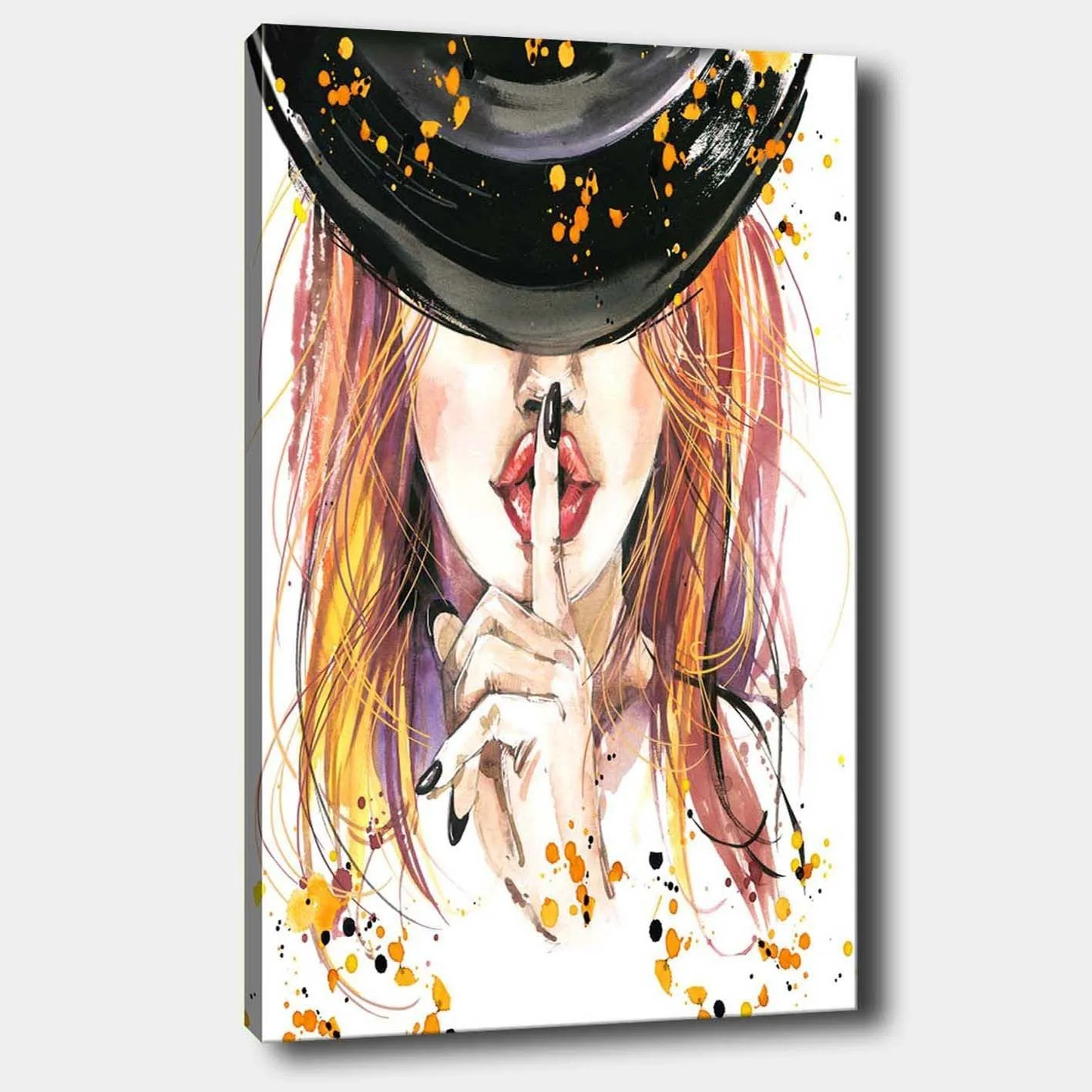 Canvastavla 70x100 cm - Kvinna med rödaktigt hår som håller ett finger mot läpparna i en tystnadsgest - Röd / Svart / Orange