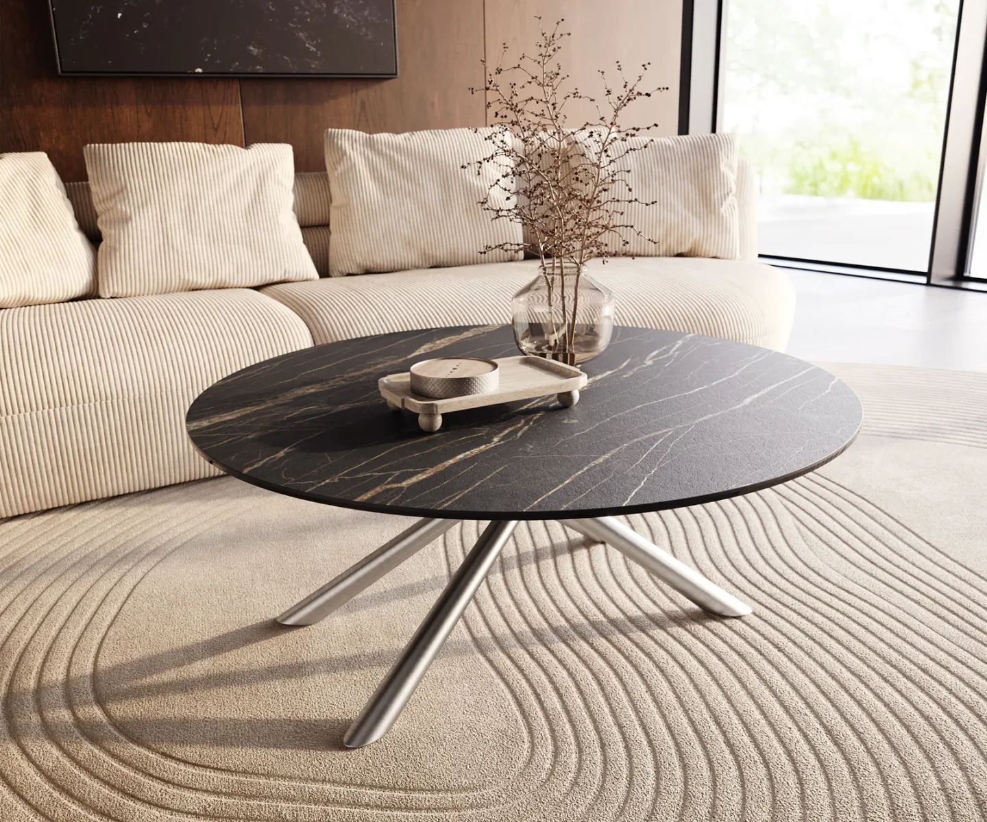 Couchtisch Edge Rund 100x100 cm Keramik Laminam® Noir Desir Braun Sarity Edelstahl gebürstet