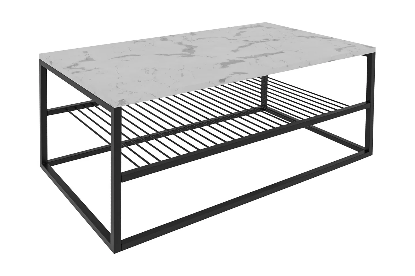 Soffbord Asude 95 cm Marmormönster med Förvaring Hylla - Vit/Svart