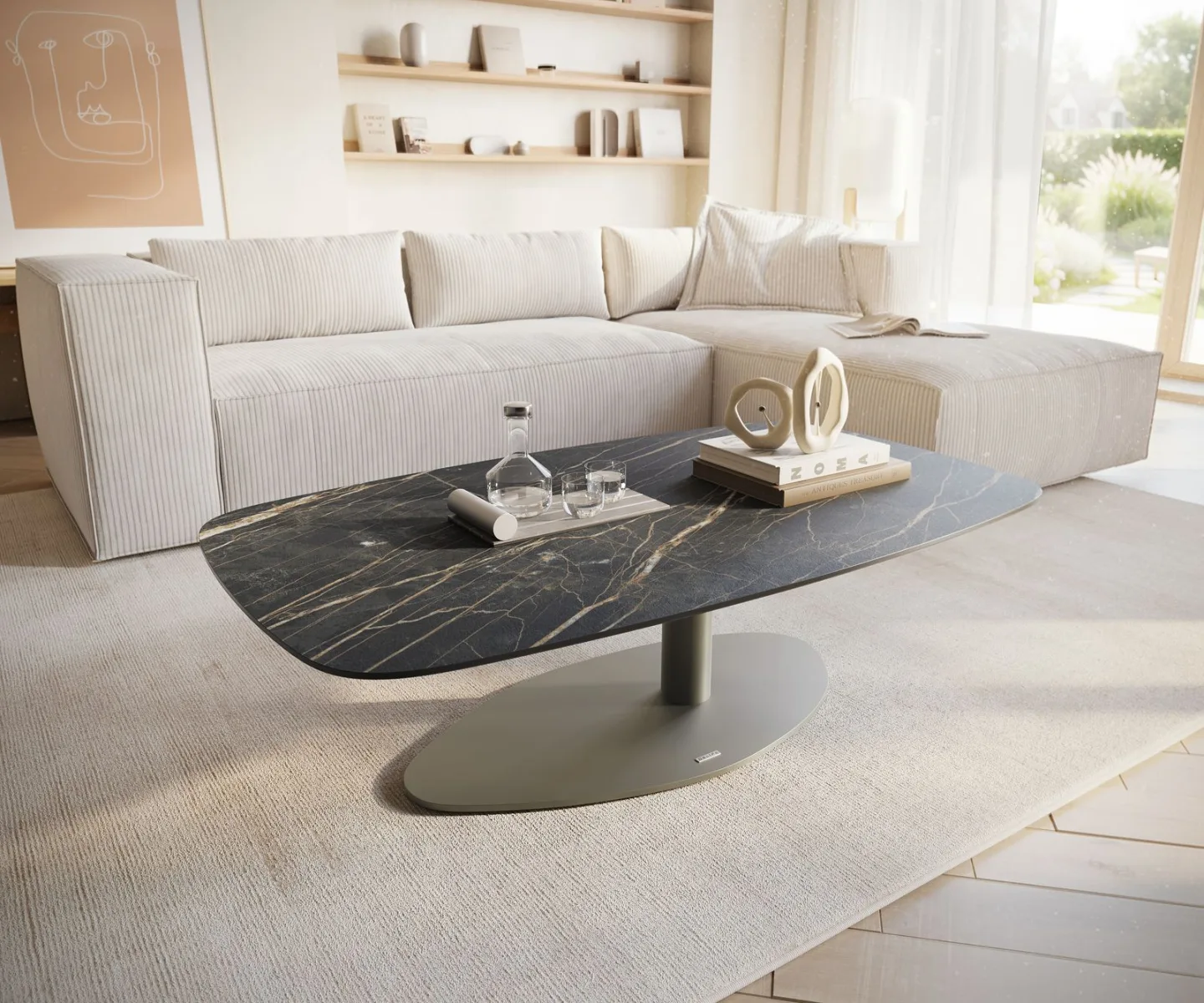 Couchtisch Edge Boot 120x70 cm Keramik Laminam® Noir Desir Braun Vibany Metall Effektfinish Titan