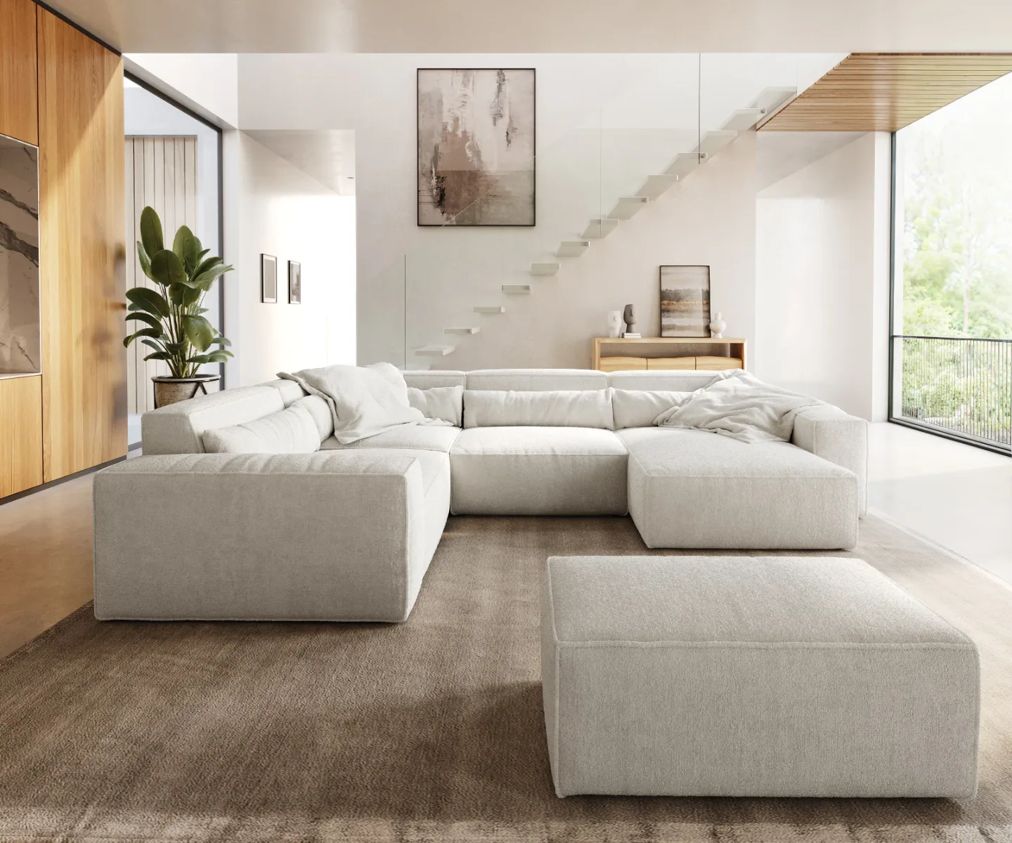 Wohnlandschaft Sirpio 300x210 cm Bouclé Creme-Weiß Recamiere variabel mit Hocker