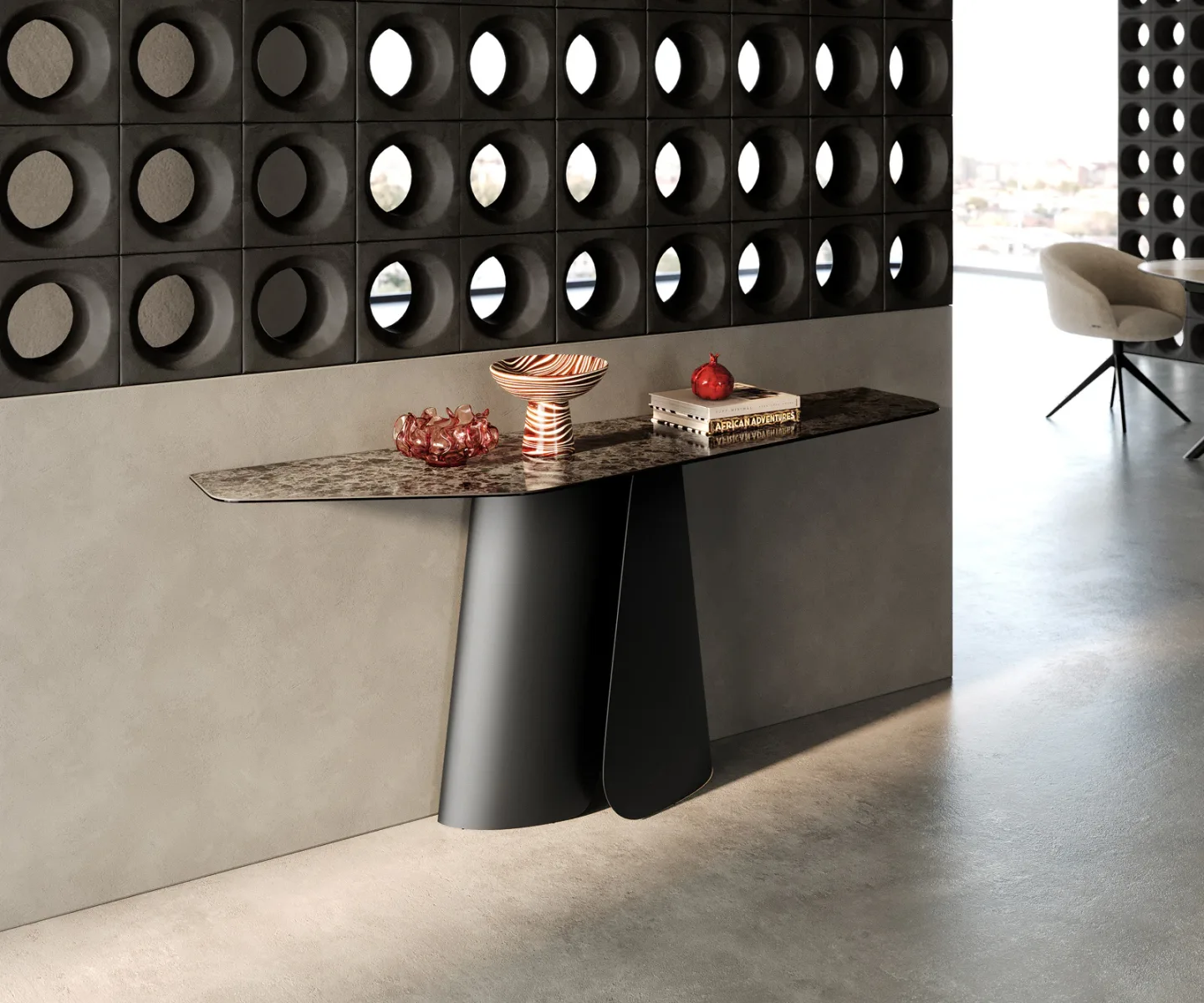 Konsolentisch Edge Polygonal 180x50 cm Keramik Emperador Extra Lucidato Dunkelbraun Livos Metall Schwarz