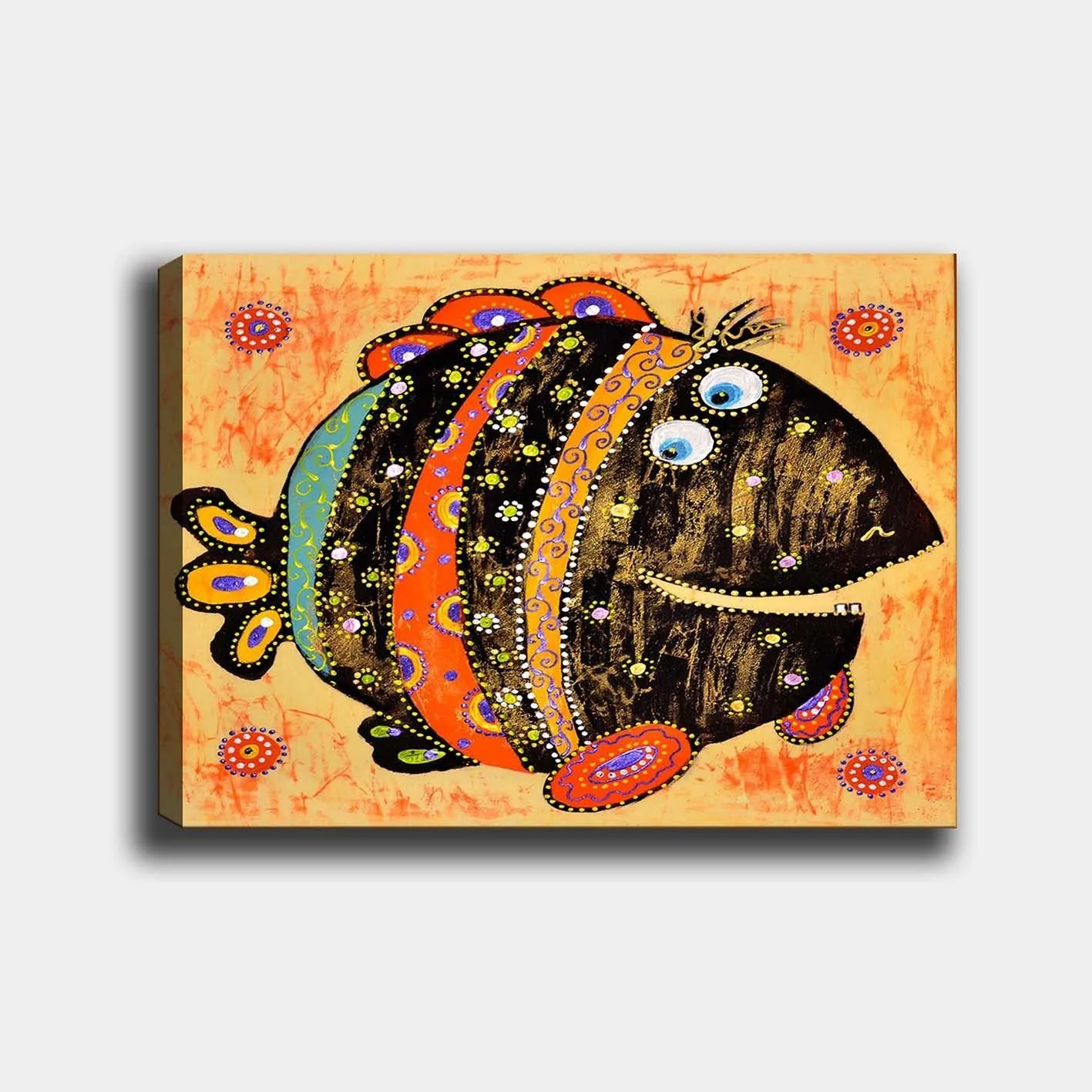 Canvastavla 70x100 cm - Färgglad och lekfull fisk med mönster och stora ögon - Svart / Orange / Blå