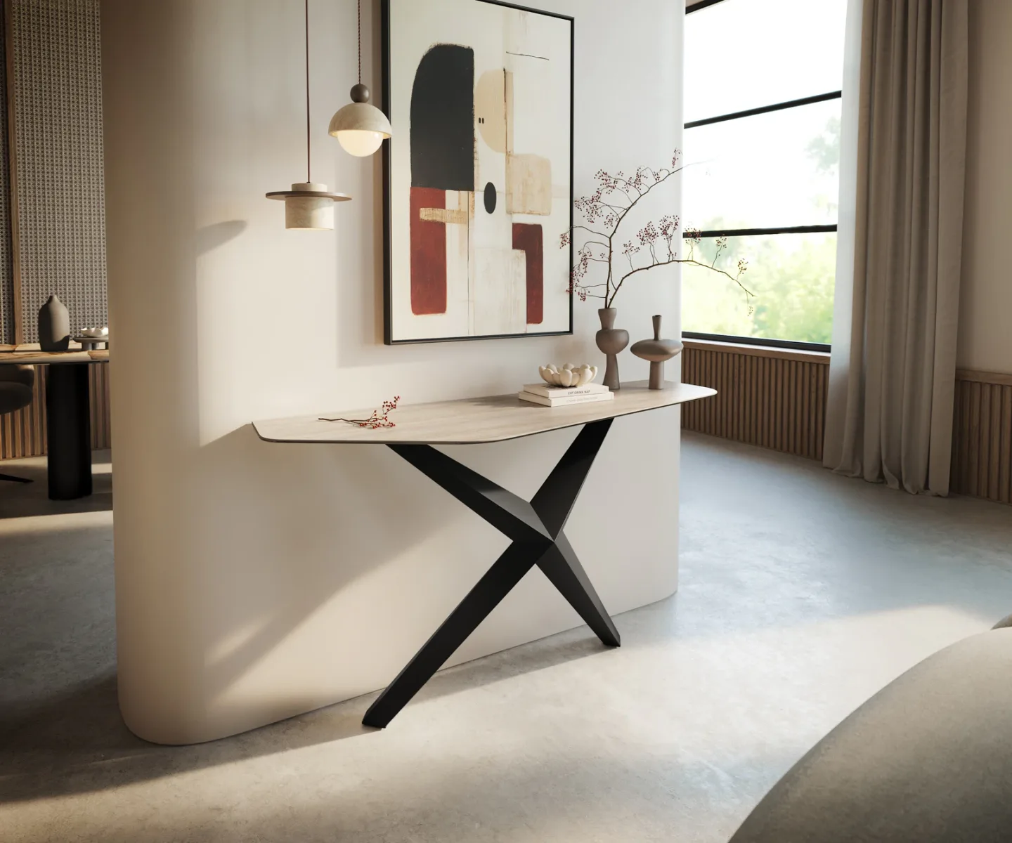 Konsolentisch Edge Polygonal 140x50 cm Keramik Laminam® Travertino Bianco Creme-Weiß Zentharo Metall Schwarz