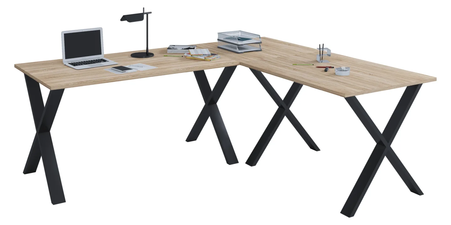 Lona Eckschreibtisch 220x160x80 cm X-Gestell Sonoma-Eiche dekor, Schwarz.