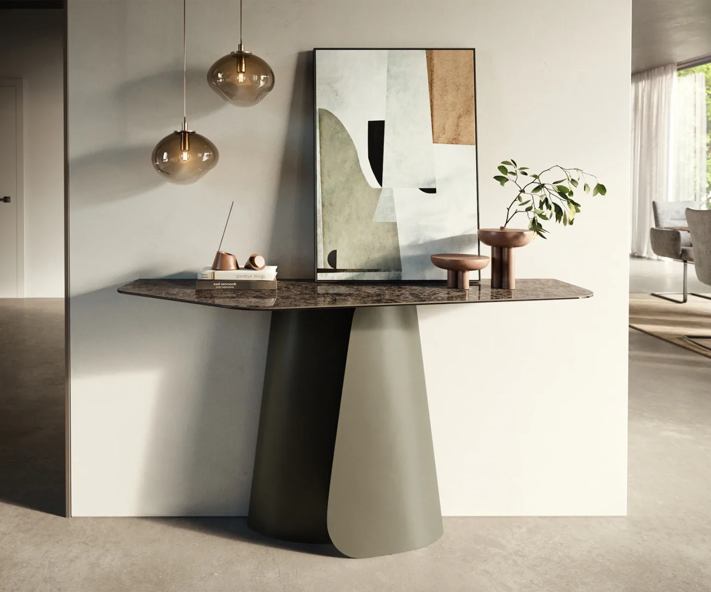 Konsolentisch Edge Polygonal 140x50 cm Keramik Emperador Extra Lucidato Dunkelbraun Livos Metall Effektfinish Titan