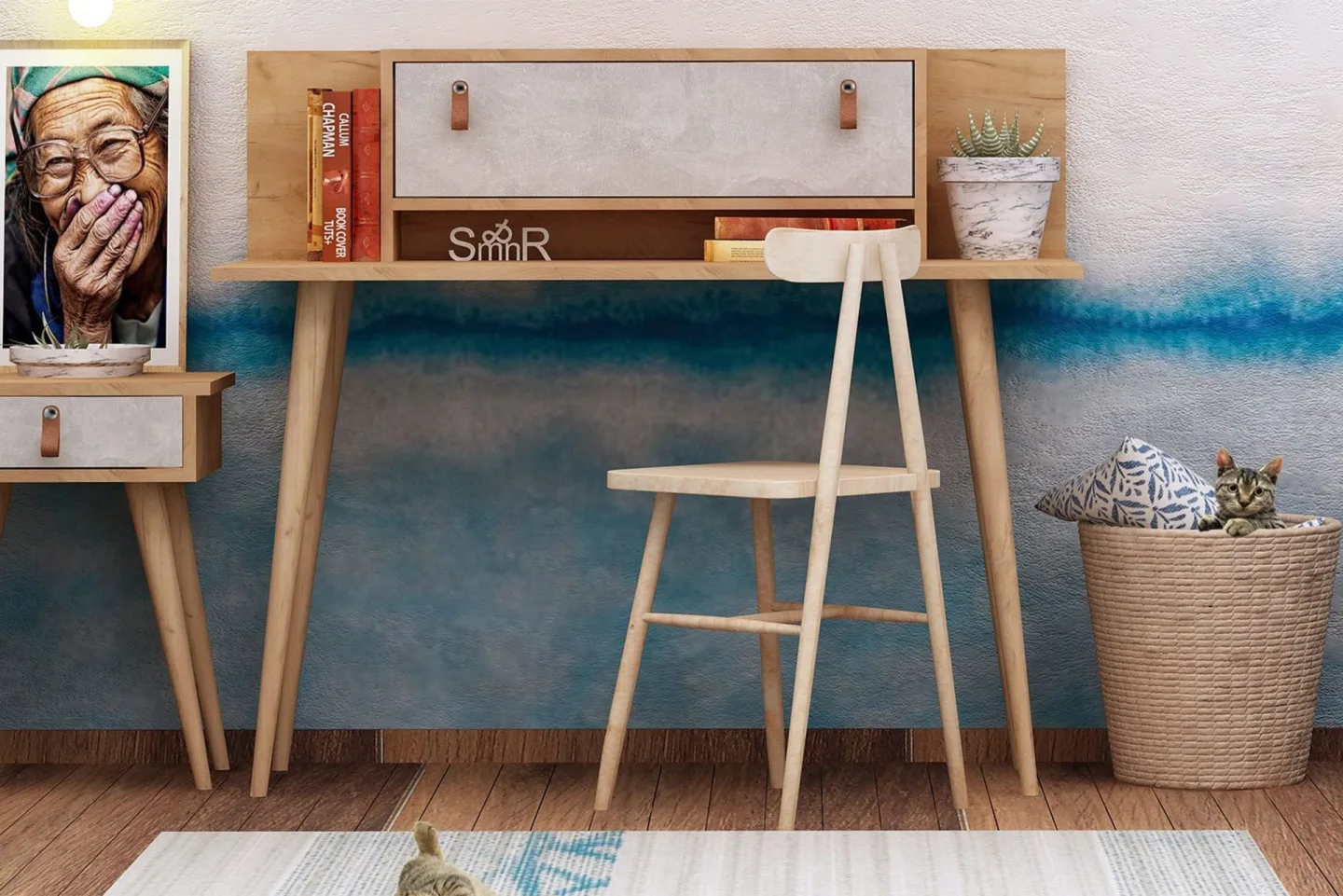 Mod Design Skrivbord 120 cm med Förvaring Hylla+Lucka Läderb - Trä/Vit