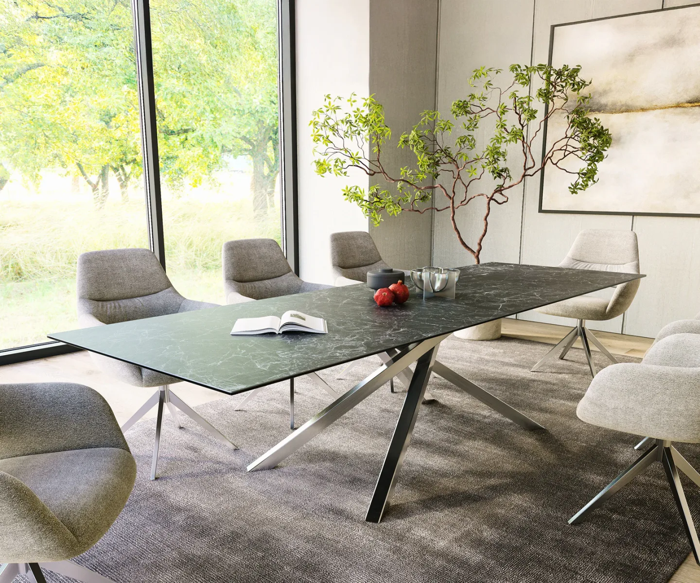 Esstisch Edge 300x100cm Keramik Laminam®Nero Greco Anthrazit Kreuzgestell Rechteck Edelstahl
