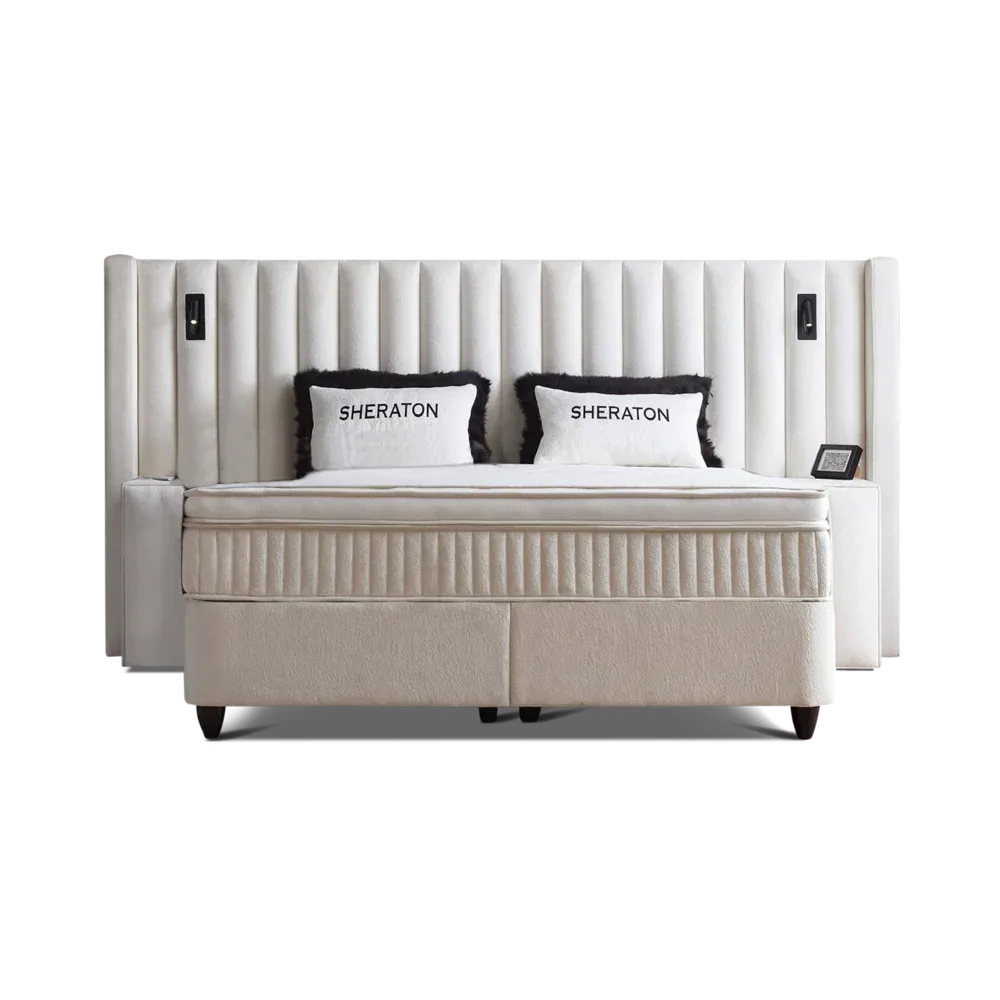 Premium Boxspringbett 180×200 komplett mit Matratze, Topper & Bettkasten, Bouclé Weiss, Sheraton