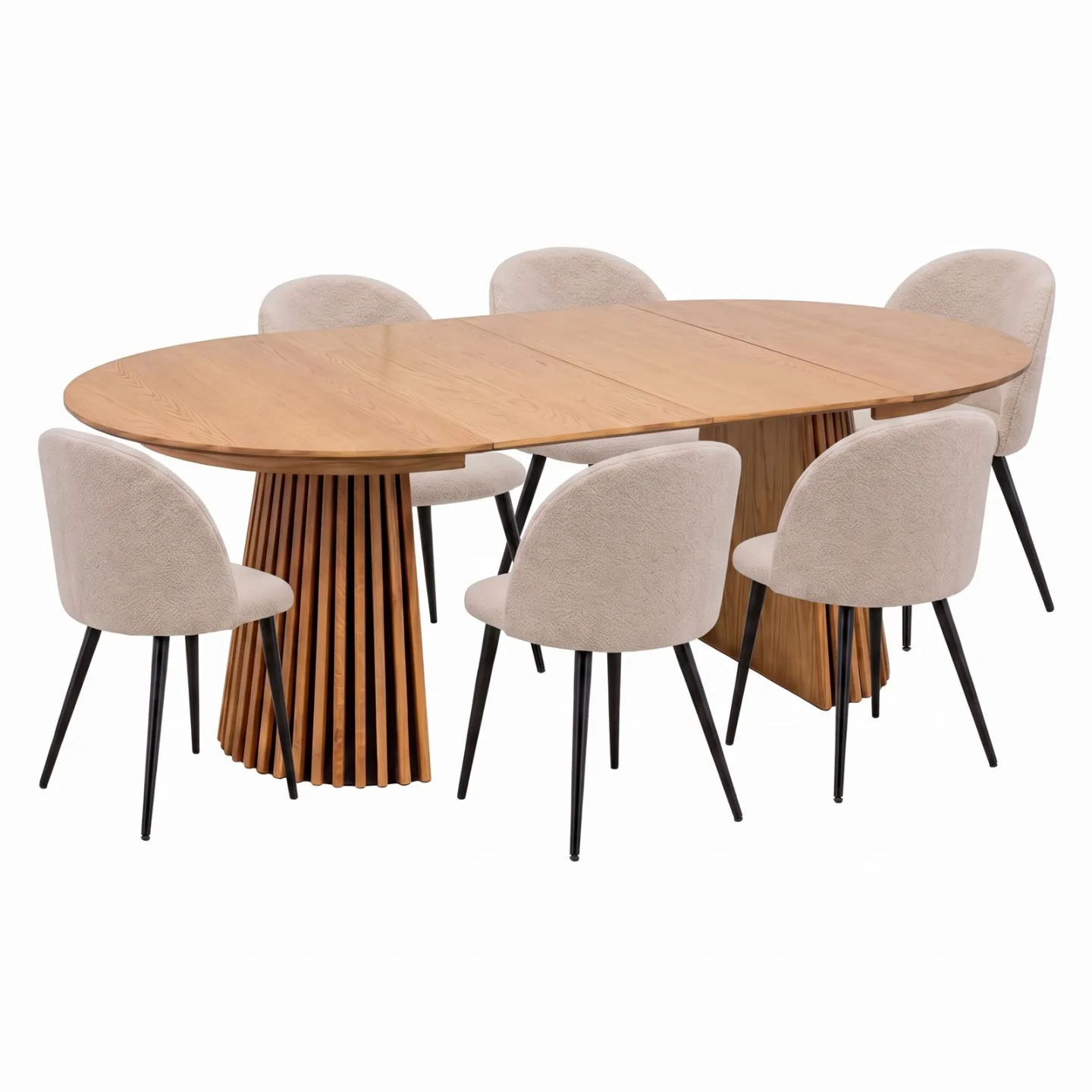 Tokyo Essgruppe Esstisch natur Ø120x120-160-200 inkl. 2 Einlegeplatten, 6 Bouclé-Stühle beige.