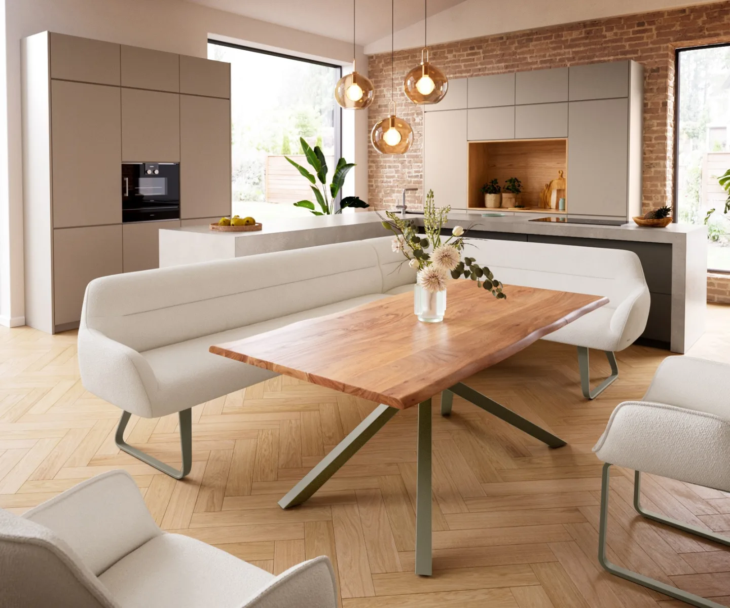 Esszimmerbank Taya-Flex 285x190 cm Bouclé Creme-Weiß Kufengestell flach Effektfinish Titan Taschenfederkern Rechts
