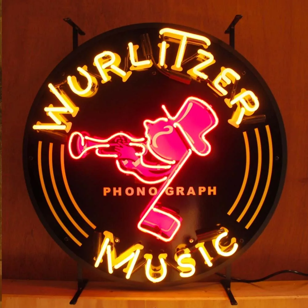 Neonskylt Wurlitzer music med bakgrund