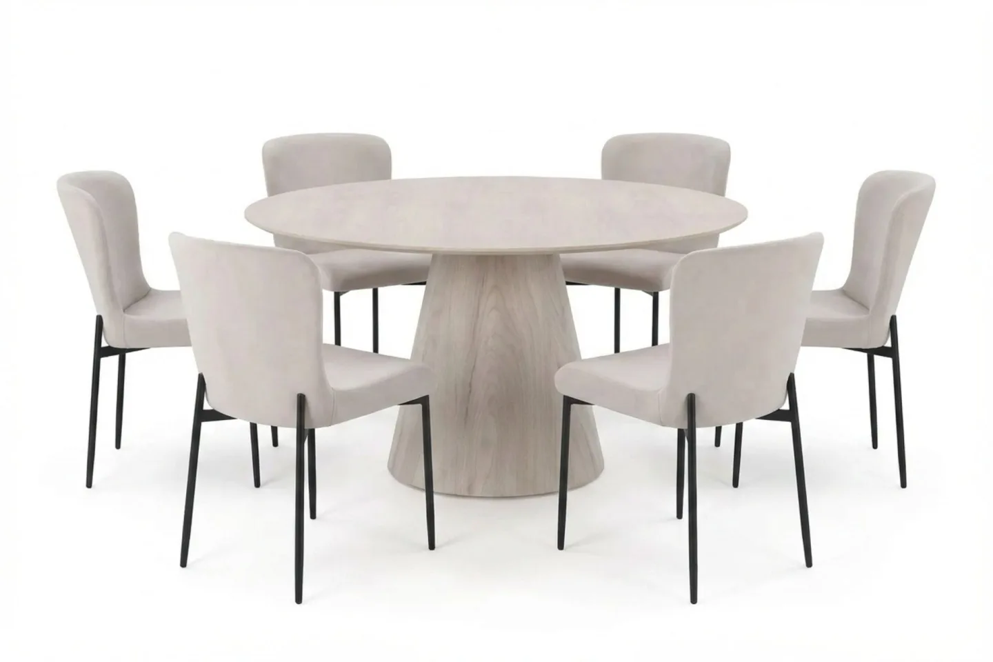 Siena Matgrupp runt 150 cm Vitlaserad med 6 Elsie Matstolar - Vitlaserad/Beige