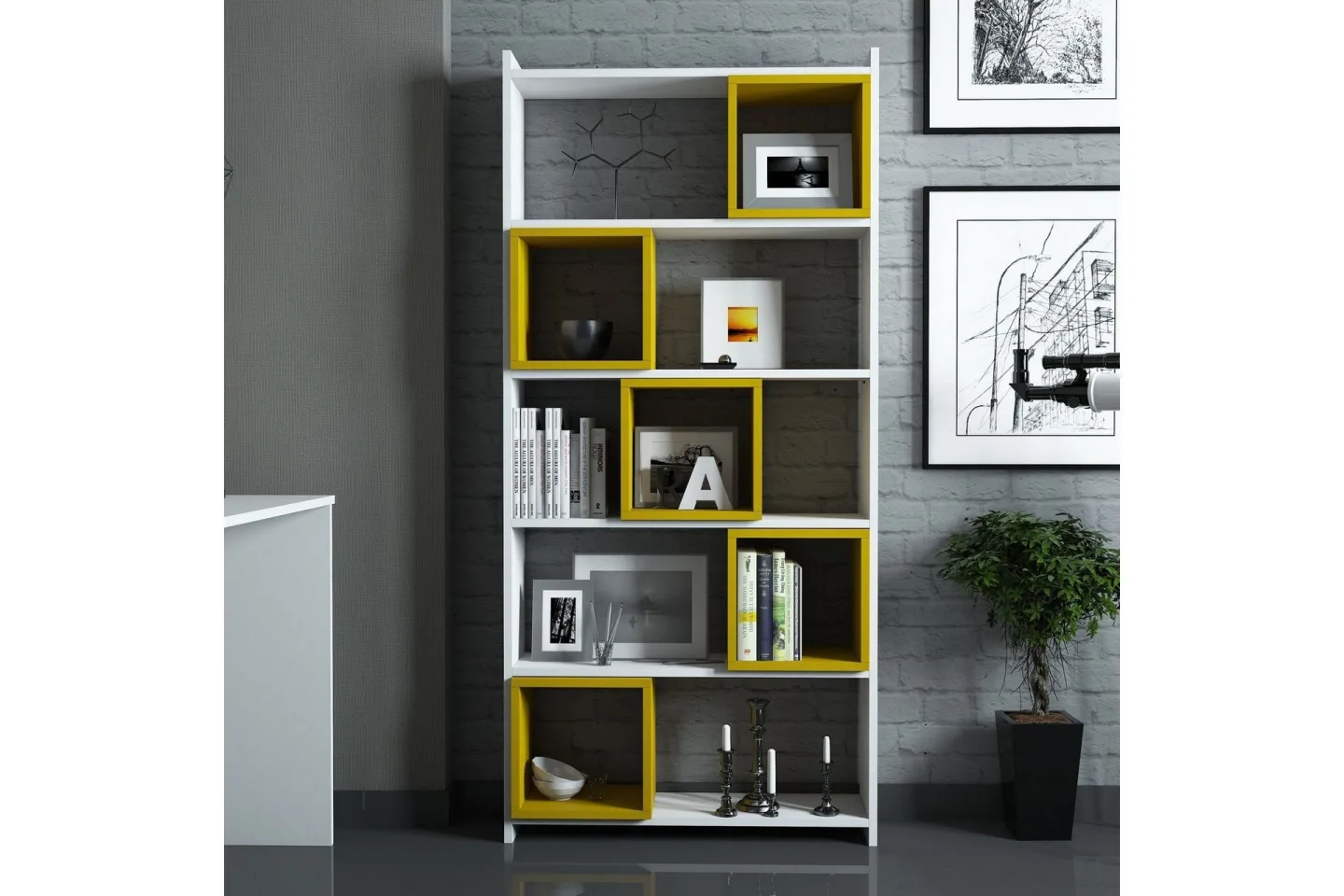Hovdane Skrivbord 120 cm med Förvaring + Vägghylla + - Vit/Gul