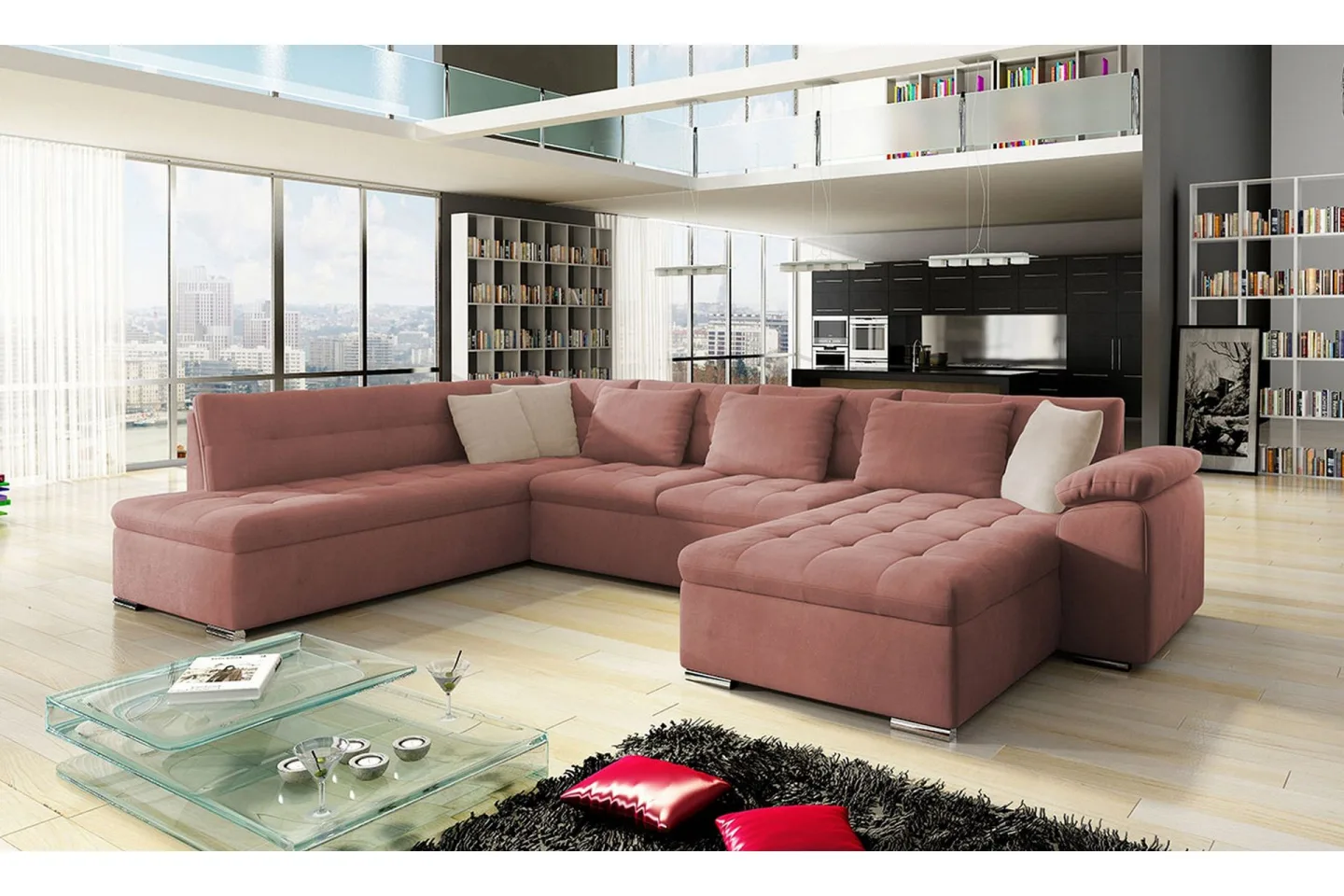 Dynir Bäddsoffa m. Divan och Schäslong 4-sits - Rosa