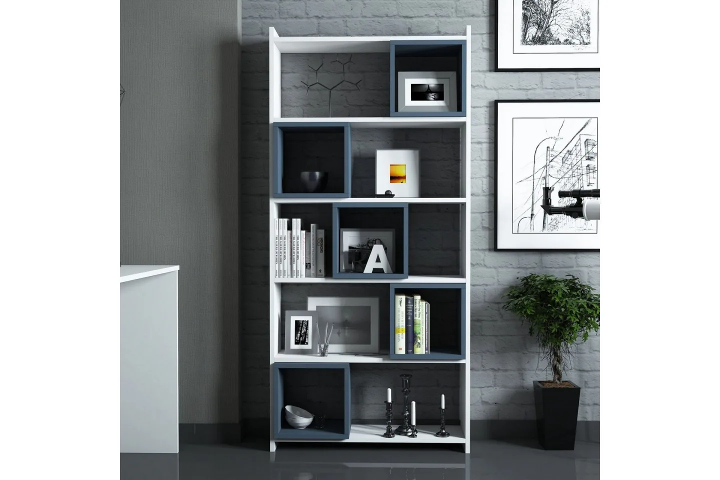 Hovdane Skrivbord 120 cm med Förvaring + Vägghylla + - Vit/Blå