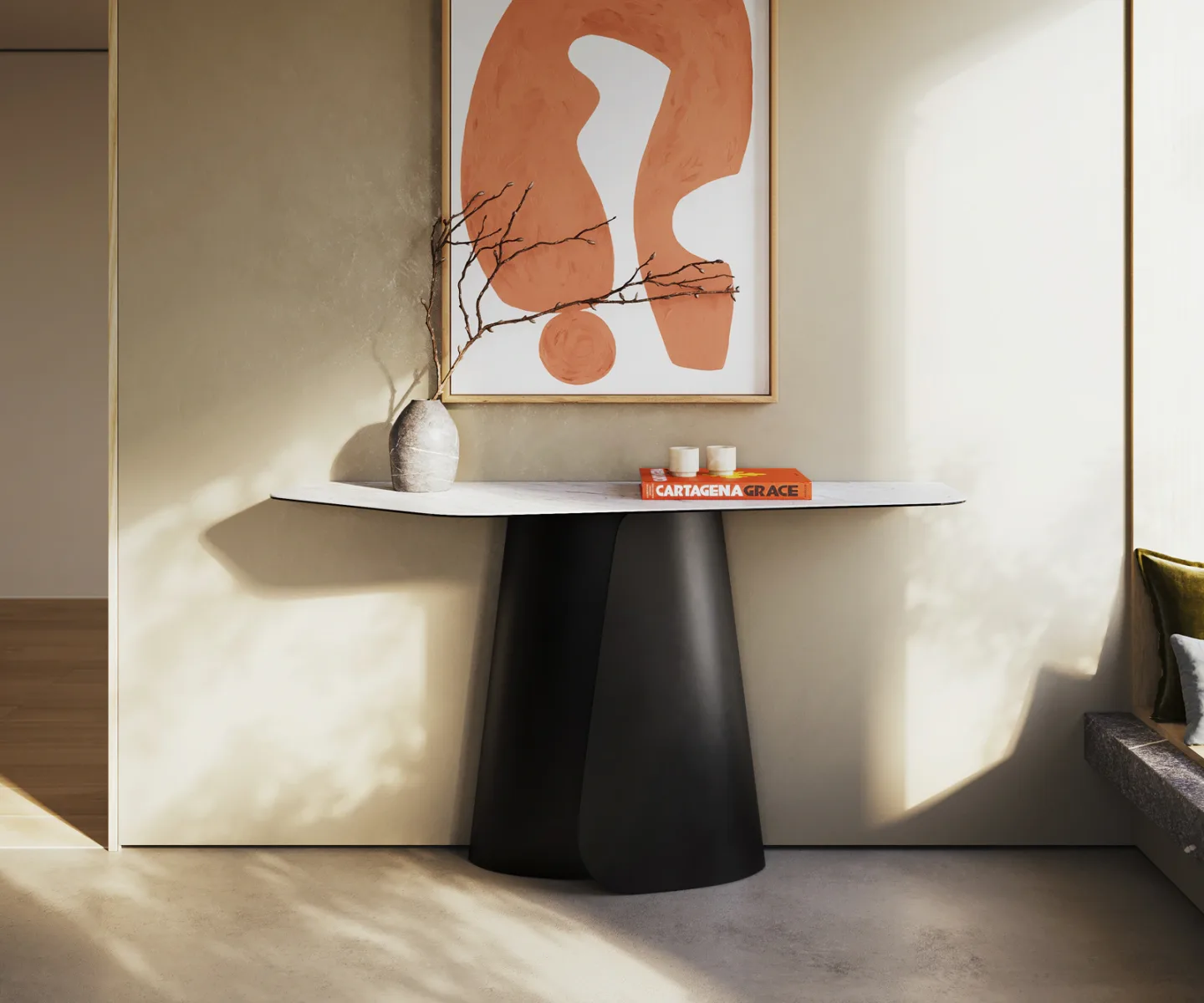 Konsolentisch Edge Polygonal 140x50 cm Keramik Laminam® Statuarietto Weiß Livos Metall Schwarz