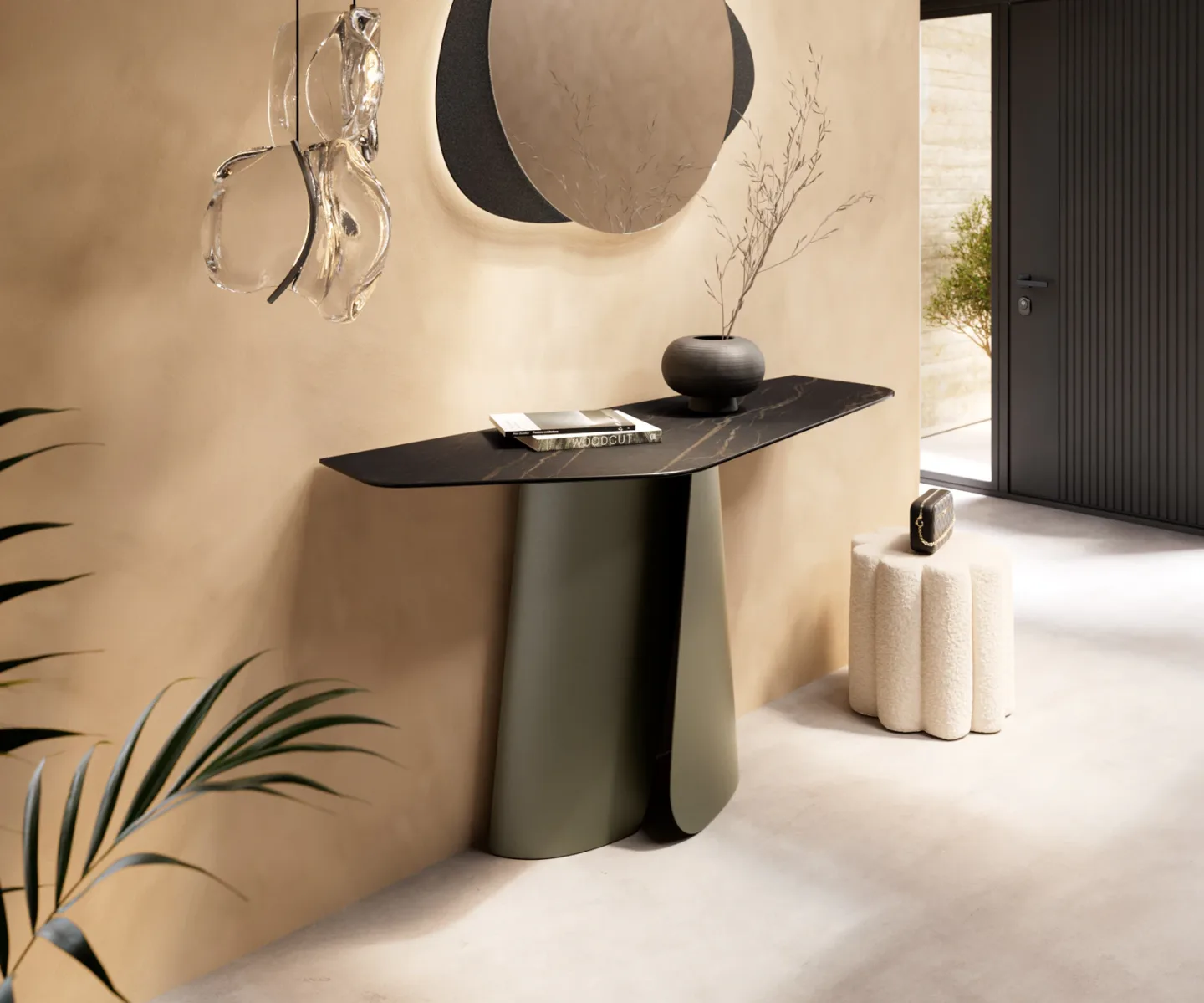 Konsolentisch Edge Polygonal 140x50 cm Keramik Laminam® Noir Desir Braun Livos Metall Effektfinish Titan