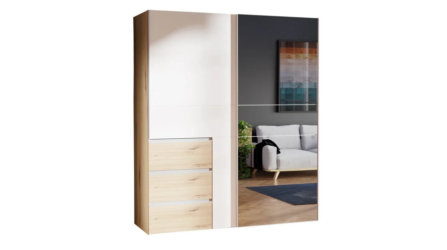 Schwebetürenschrank weiß Eiche mit Schubladen 170 cm - WINN
