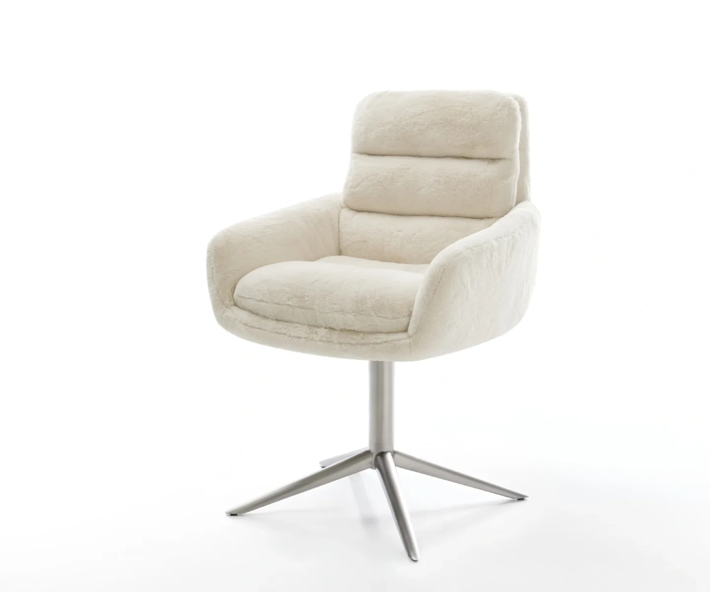 Drehstuhl Abelia-Flex mit Armlehnen Plüsch Creme-Weiß Fußkreuz Edelstahl 360° drehbar Wippfunktion