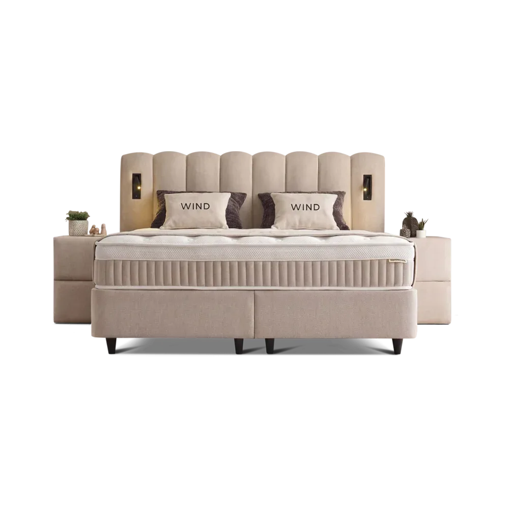 Premium Boxspringbett 160×200 komplett mit Matratze, Topper & Bettkasten, Stoff Beige, Wind