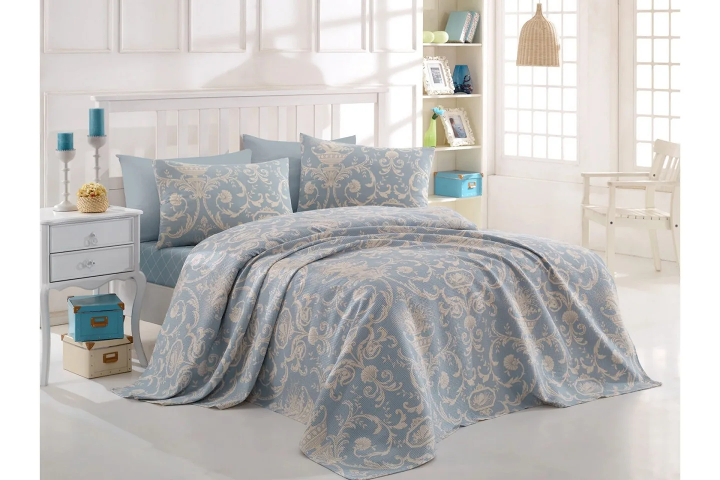 Eponj Home Överkast Enkelt 160x235+Lakan+Kuddfodral Ranforce - Blå/Vit