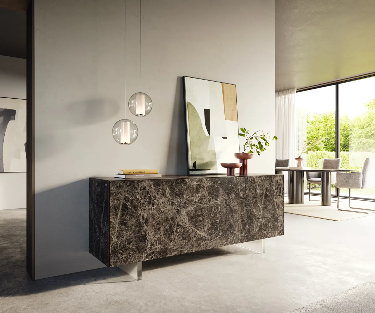 Sideboard Cuor 180 cm Keramik Emperador Extra Lucidato Dunkelbraun 2 Türen 3 Schubfächer Fuß Schwebeoptik Acrylglas