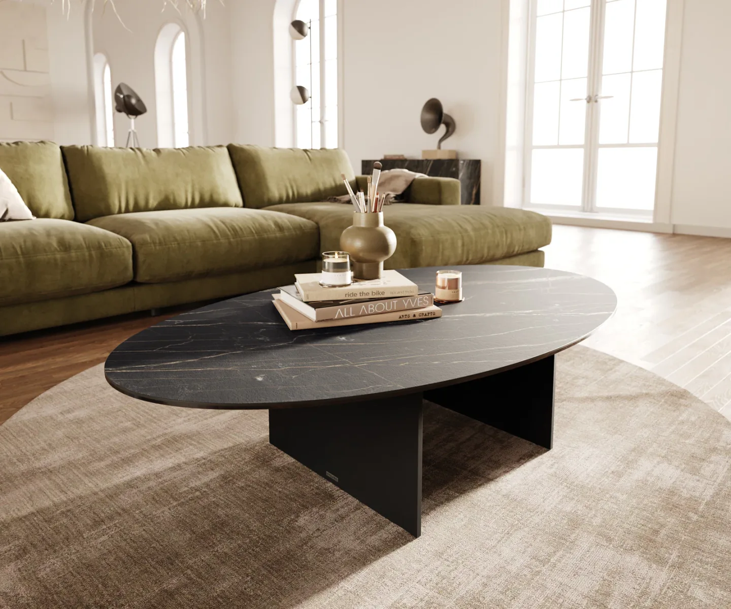 Couchtisch Edge Oval 140x80 cm Keramik Laminam® Noir Desir Braun Salto Metall Schwarz