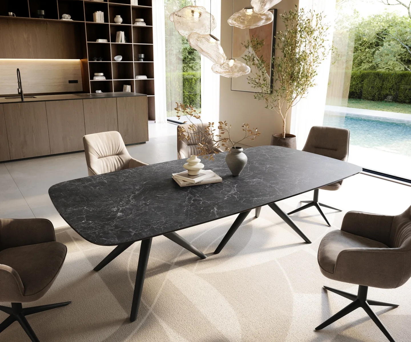 Esstisch Edge Boot 240x120 cm Keramik Laminam® Nero Greco Anthrazit Estelar rund Metall Schwarz