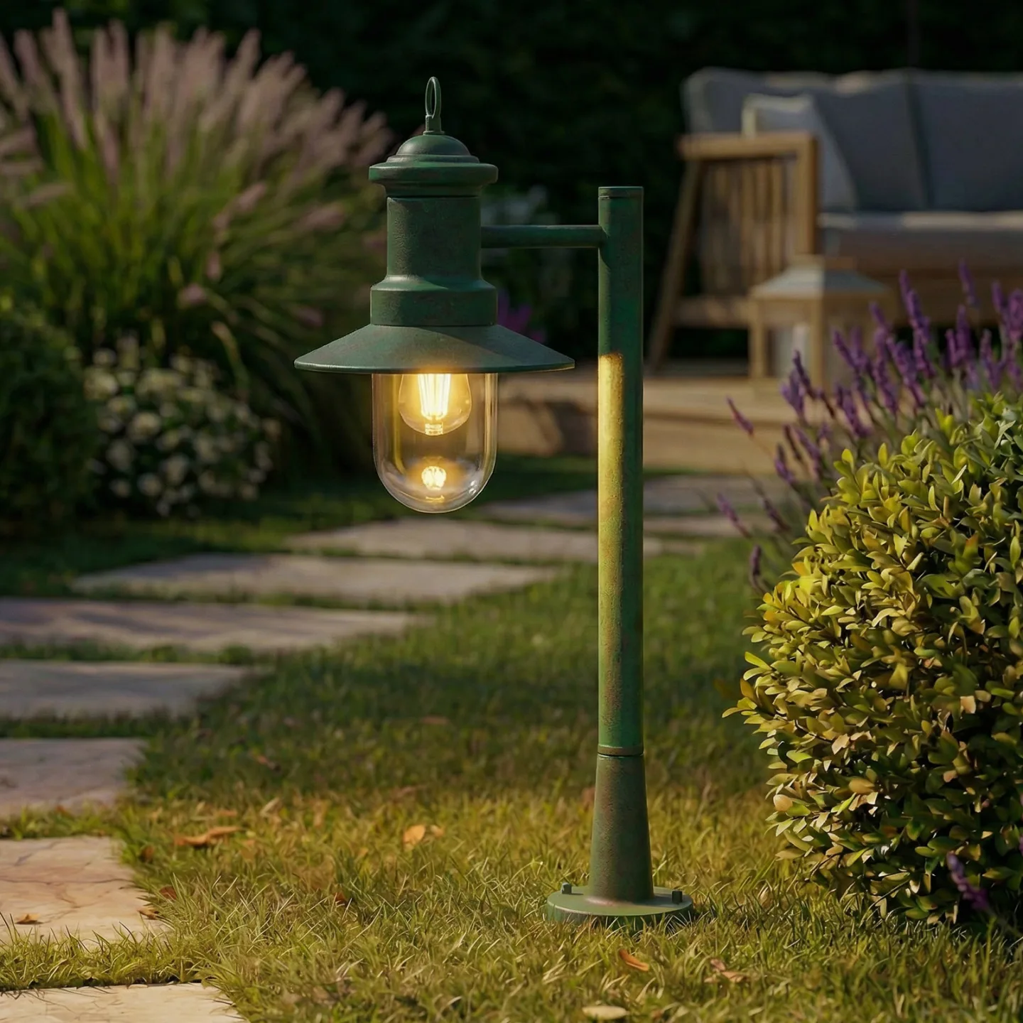 Eloretta Wegeleuchte, 60 cm, Stahl, grün, E27, IP44 - Lindby - Terrasse - Landhaus / Rustikal - Metall - Einflammig