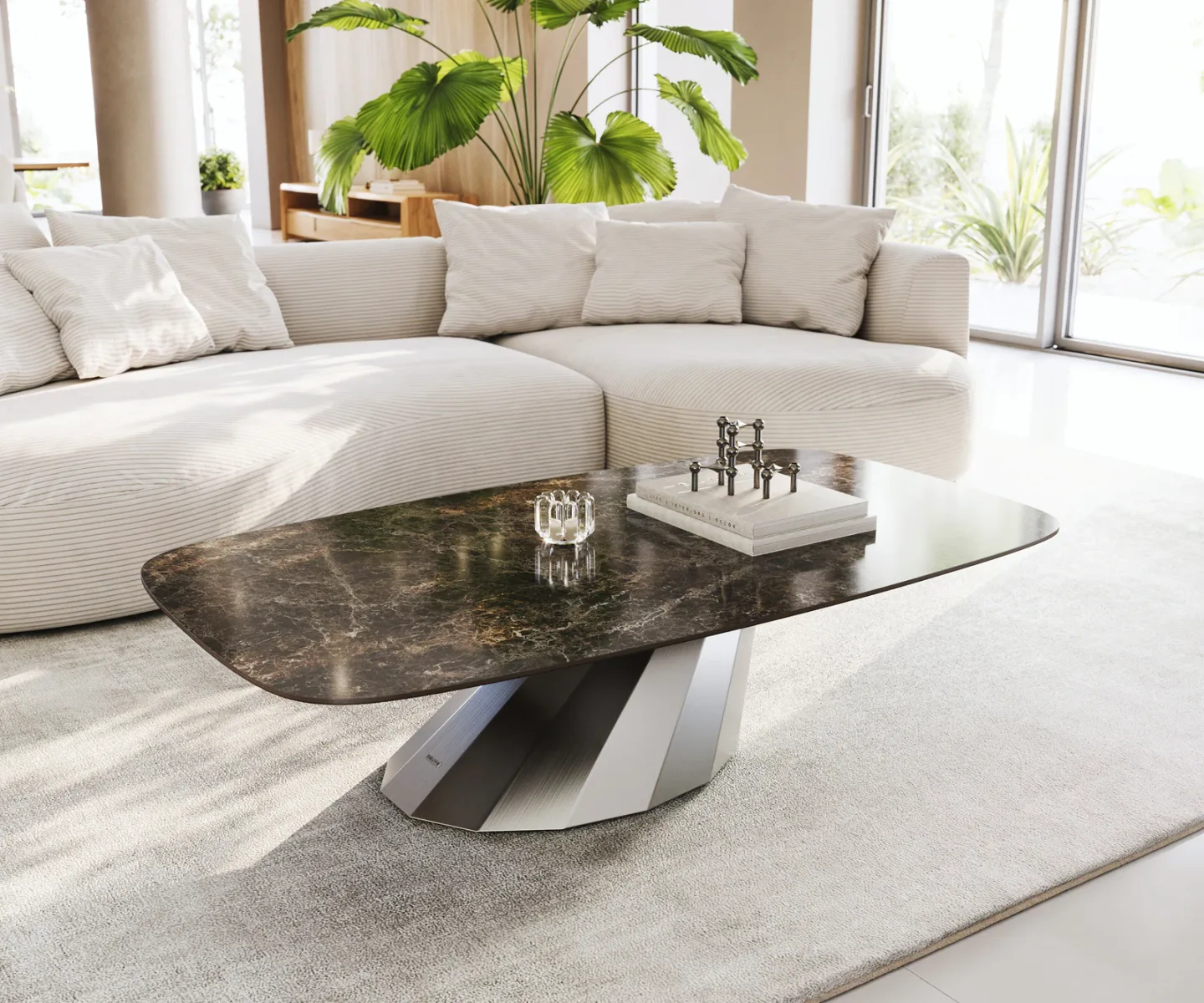 Couchtisch Edge Boot 140x80 cm Keramik Emperador Extra Lucidato Dunkelbraun Parabi Edelstahl gebürstet