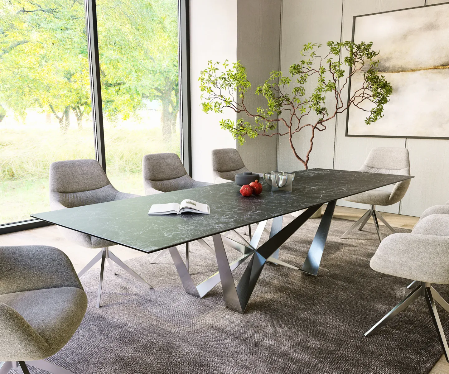 Esstisch Edge 300x100cm Keramik Laminam®Nero Greco Anthrazit Spider Flachstahl Edelstahl