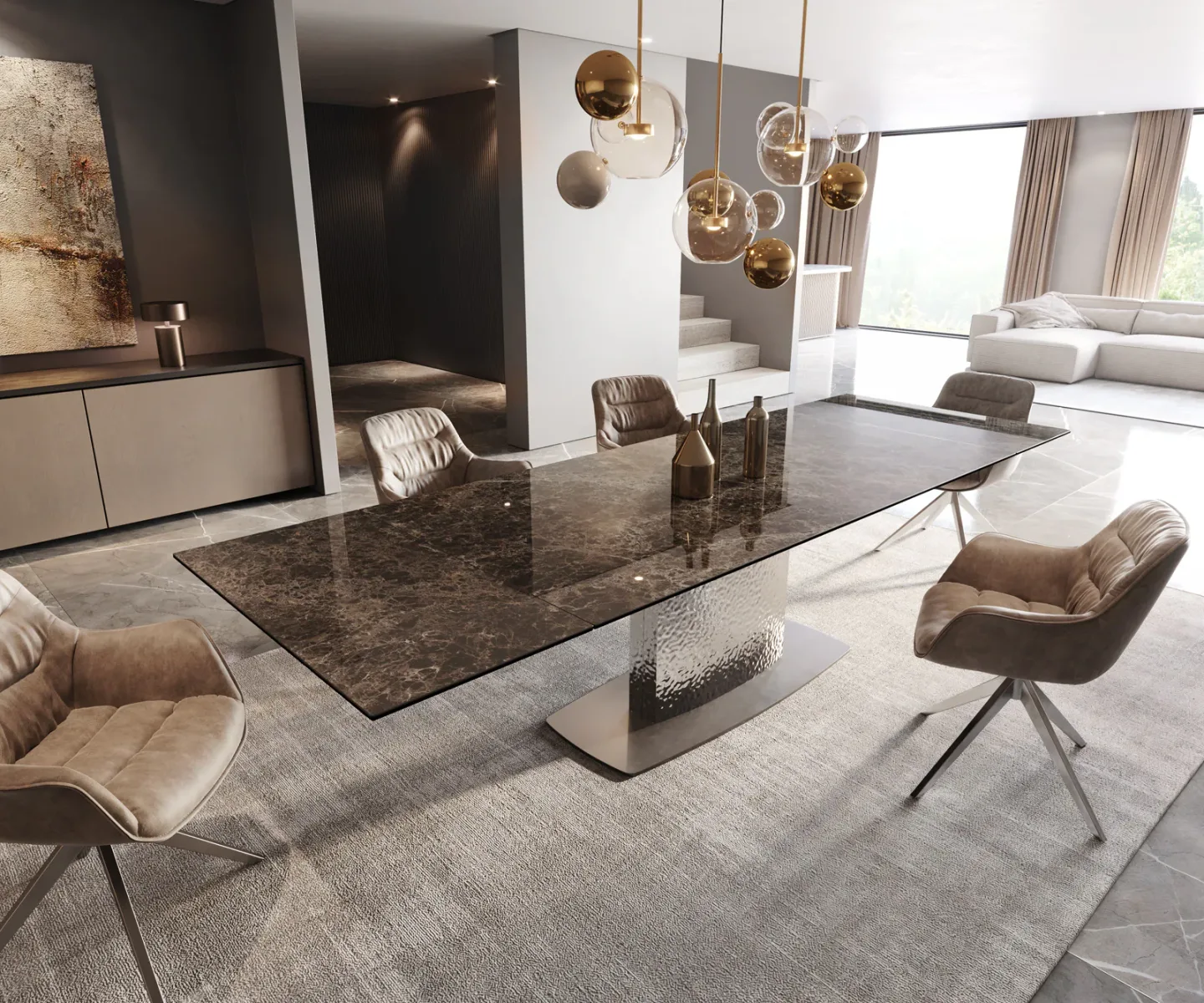 Esstisch Edge 200-300x100 Keramik Emperador Extra Lucidato Dunkelbraun Wave Edelstahl ausziehbar