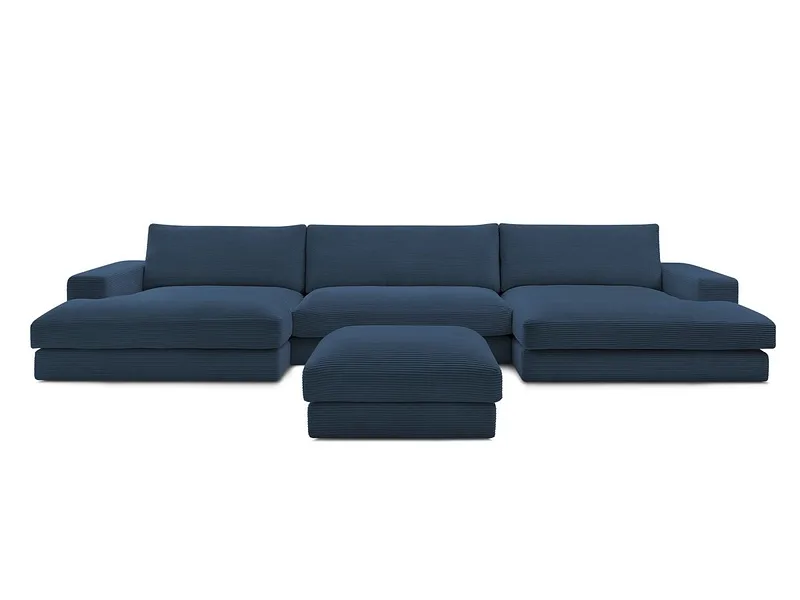 Panorama-Ecksofa mit Hocker BOBOCHIC LEONARD Cord-Stoff dunkelblau