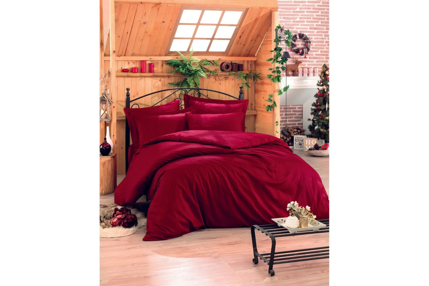 Cotton Box Bäddset Dubbelt 4-dels Premium Satin - Mörkröd