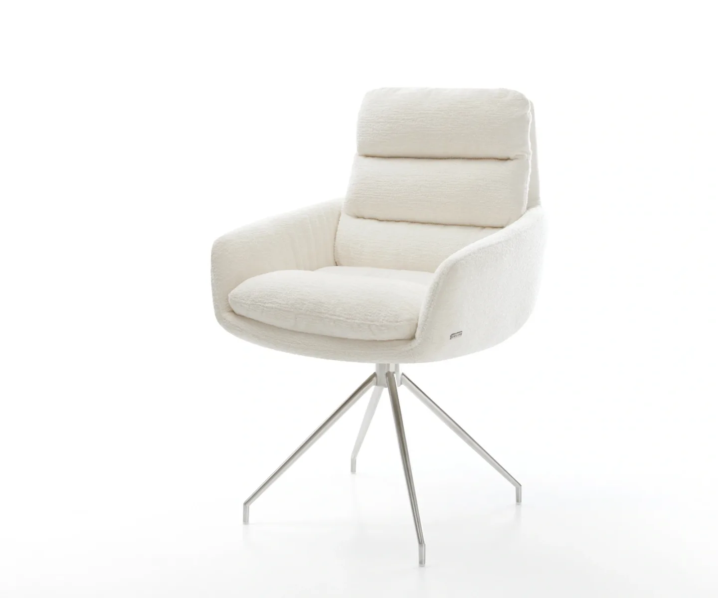 Esszimmerstuhl Abelia-Flex mit Armlehnen Bouclé Soft Beige Kreuzgestell konisch Edelstahl