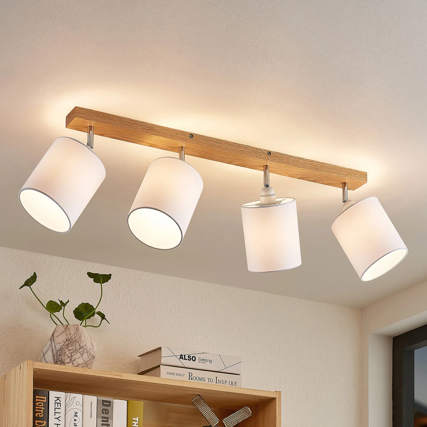 Lindby Deckenstrahler Imarin, 81 cm, weiß, 4-flammig, Holz Imarin - Wohnzimmer - Skandinavisch - Mehrflammig